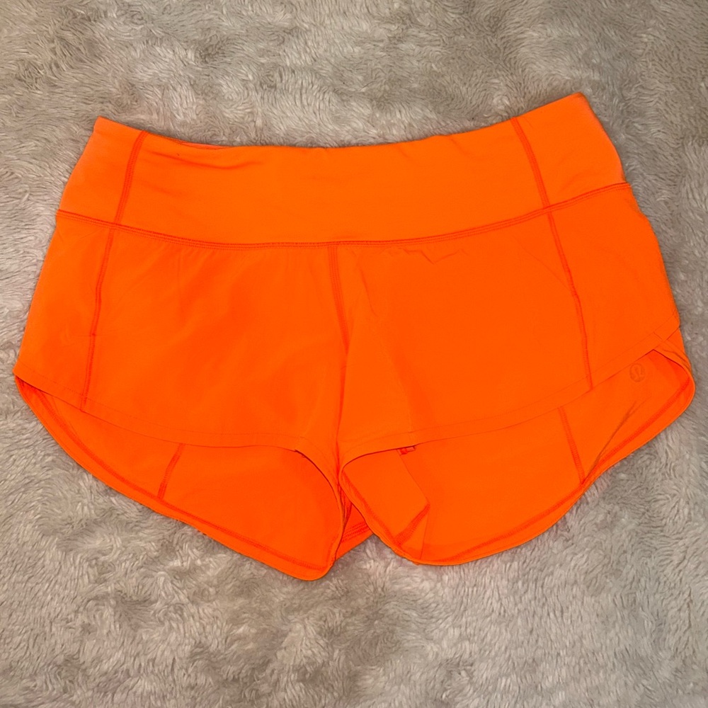 neon orange lulu shorts 2.5" inseam